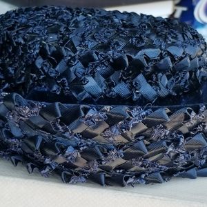 1960 Vintage Navy Blue Ribbon & Raffia Hat